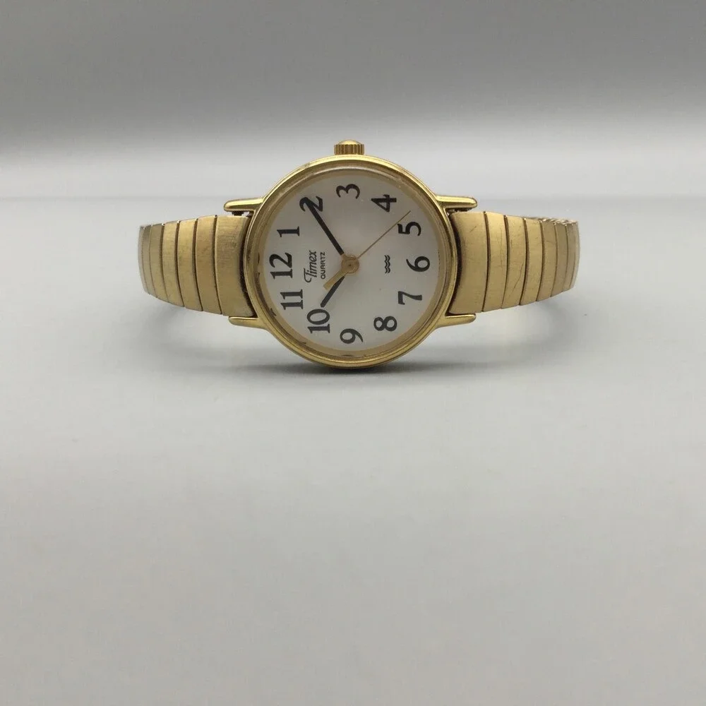 Vintage Timex Womens Watch 23mm White Dial Gold Tone Stretch Band New Battery